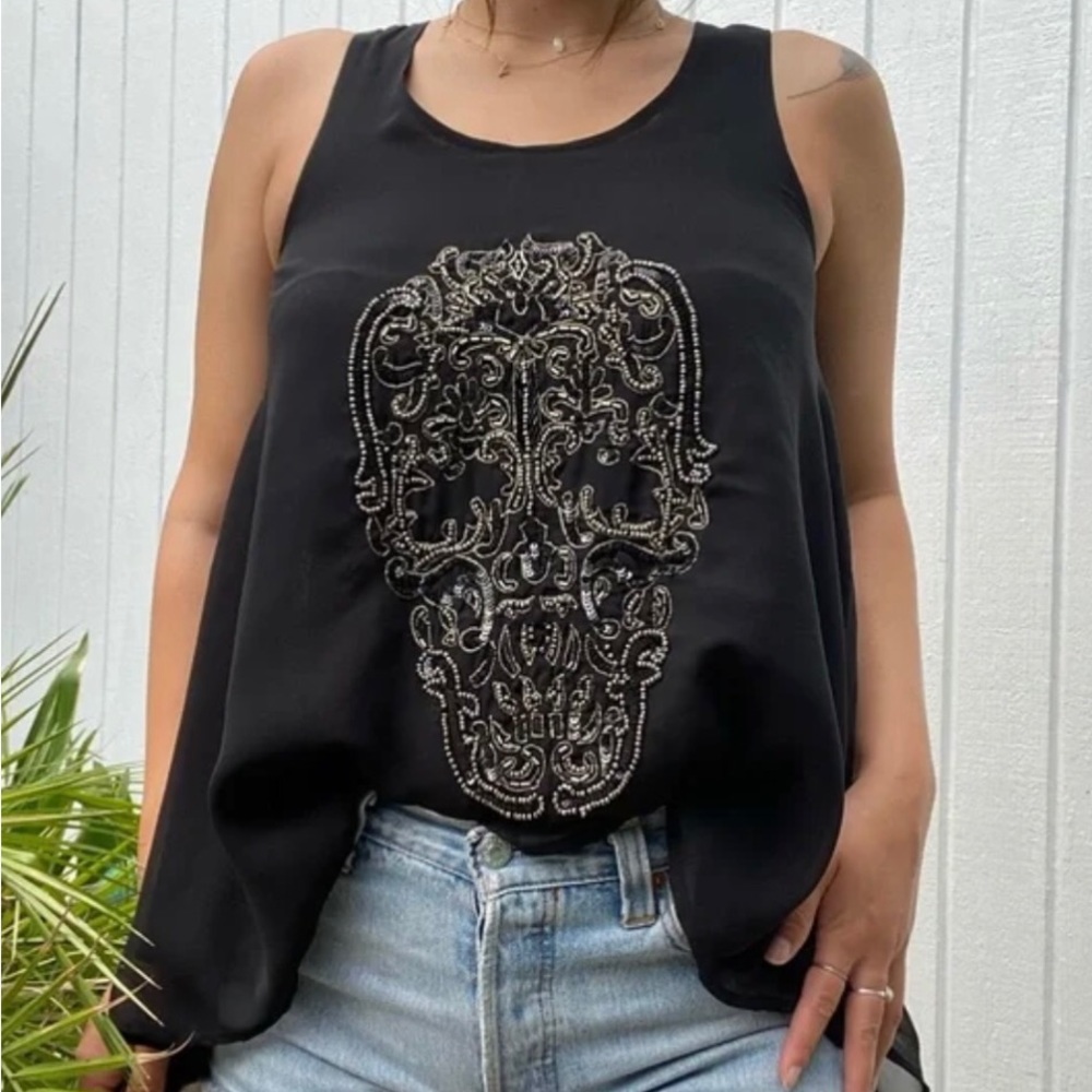 Andrew Charles, beaded skull chiffon tank top